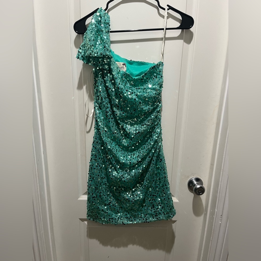 Sequin turquoise dress one shoulder